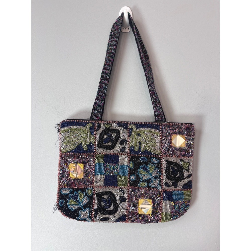 Vintage Beaded Patchwork Mirror Tote Bag Boho Floral Geometric Zipped Handbag